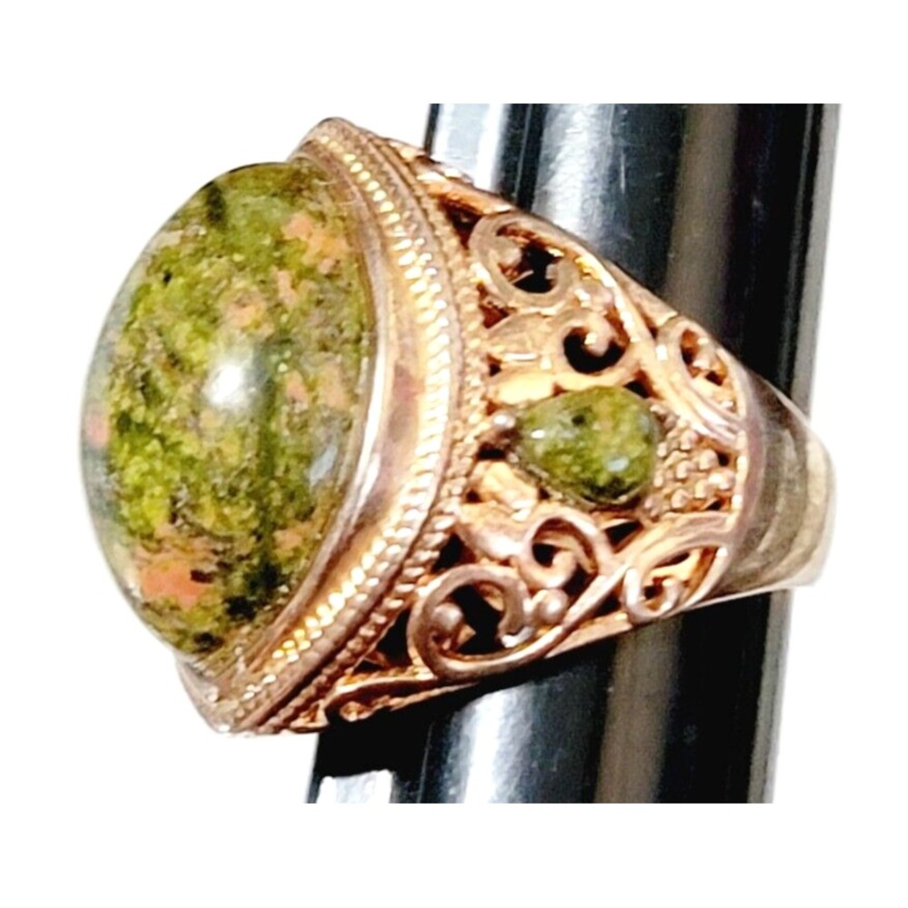 Vintage Rose Gold Green Agate Ornate Mogul Fashion Ring JZ China Size 8